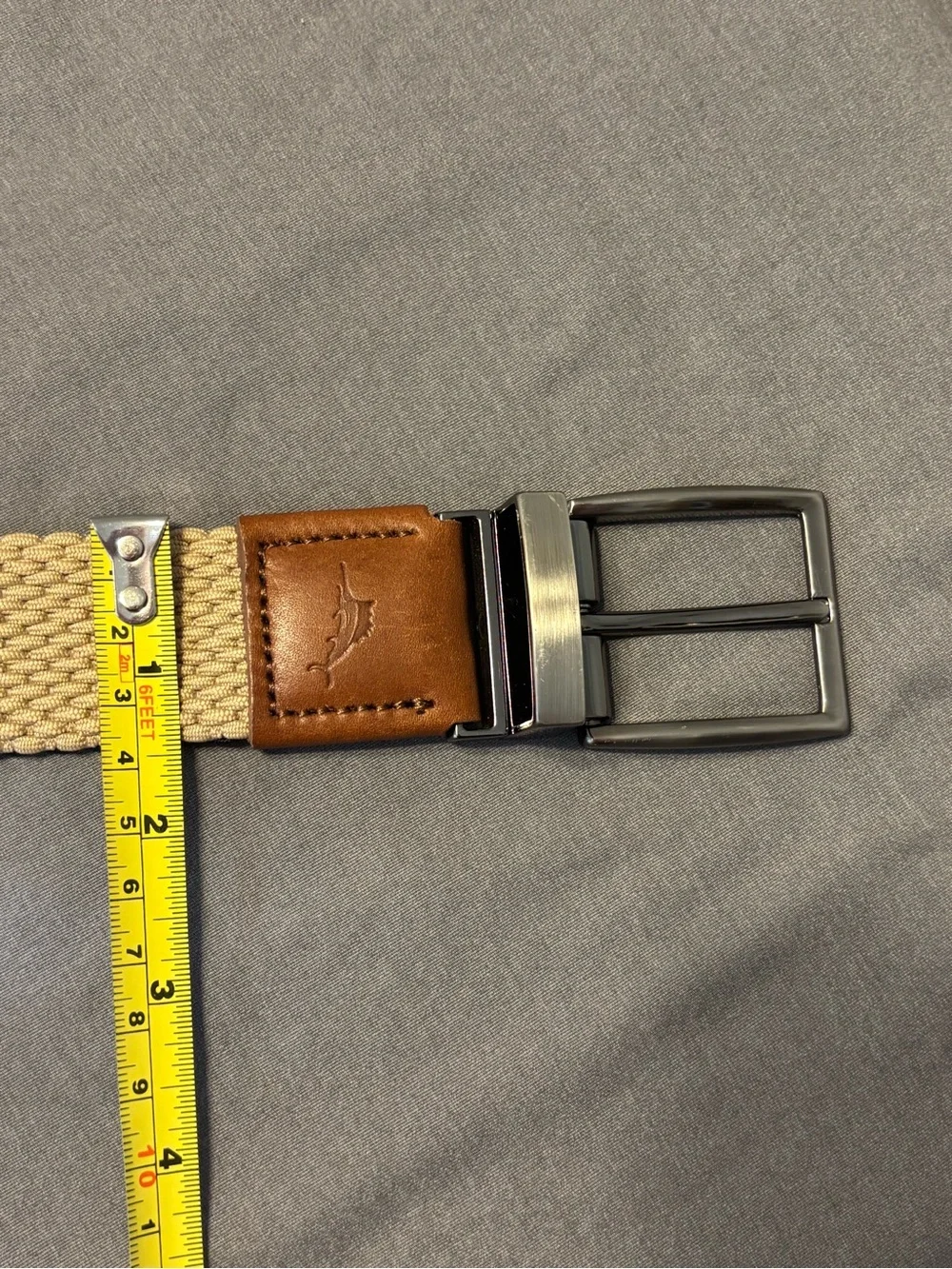 Tommy Bahama Men’s Reversible Woven Belt L/XL 38-42 Khaki Navy Leather Trim